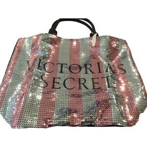 2015 Victoria’s Secret Pink & Silver Sequin Tote Bag Large BLING Y2K Glam NWT